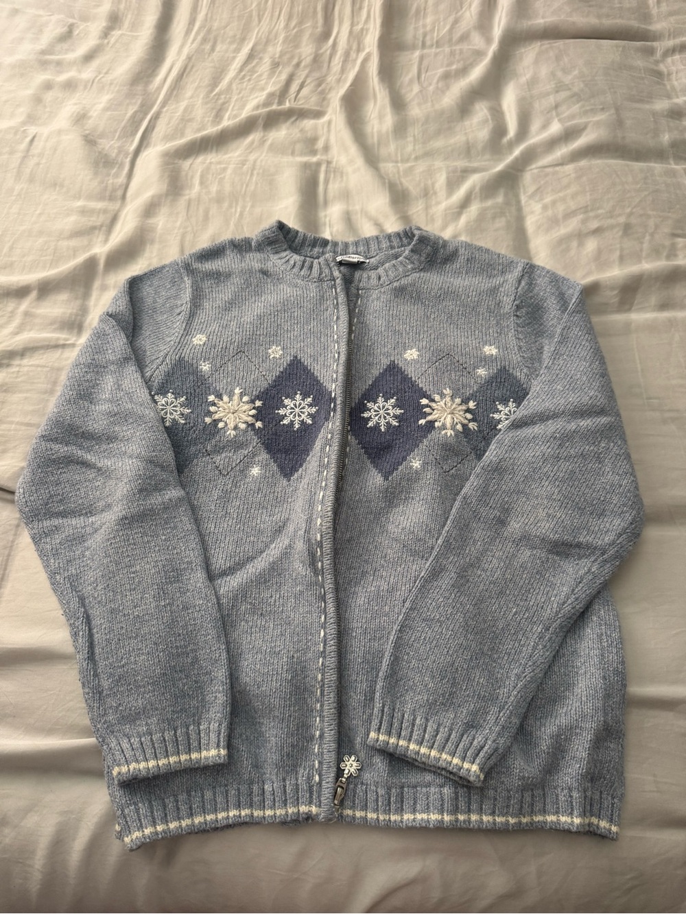 croft & barrow Light Blue Snowflake Zip-Up Cardigan with Navy Diamond Panels